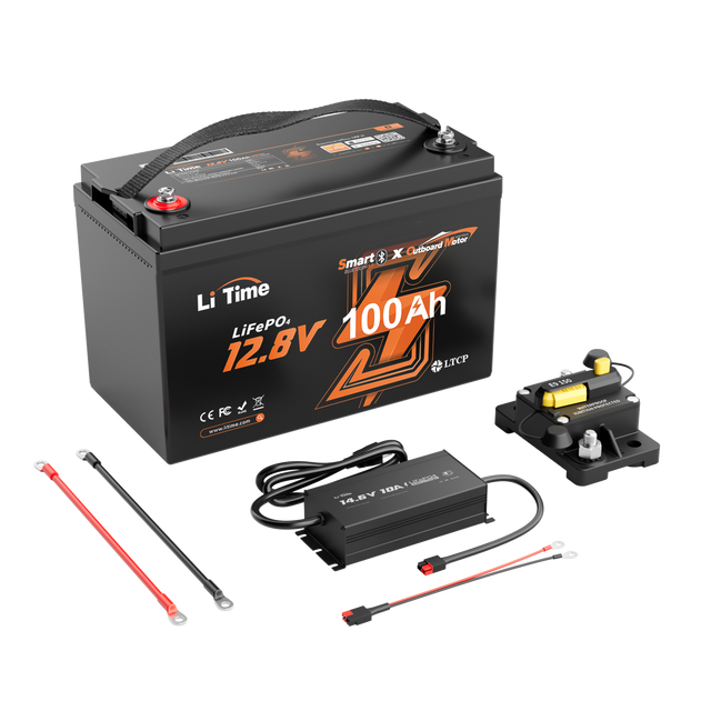 litime deep cycle 12V 100Ah marine battery kit with handle, plus charger, breaker, and connection cables