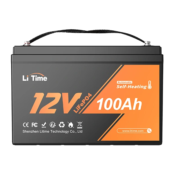 A front view of the Li Time 12V 100Ah self-heating LiFePO4 battery