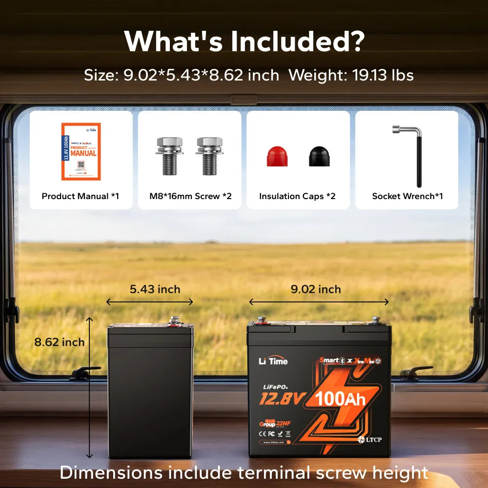 LiTime 12V 100Ah Xtra-Mini Bluetooth Small LiFePO4 Deep Cycle Battery for RV, Marine