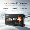 LiTime 12V 100Ah Slim LiFePO4 battery features low-temp cut-off protection, ensuring  health at extreme temperatures