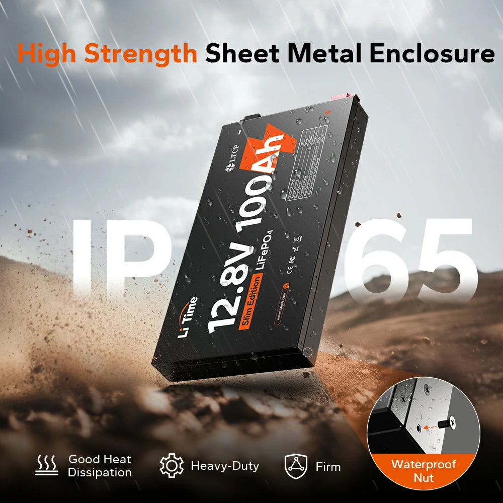 LiTime 12V 100Ah Slim LiFePO4 battery features a high-strength IP65 sheet metal enclosure for excellent heat dissipation and durability