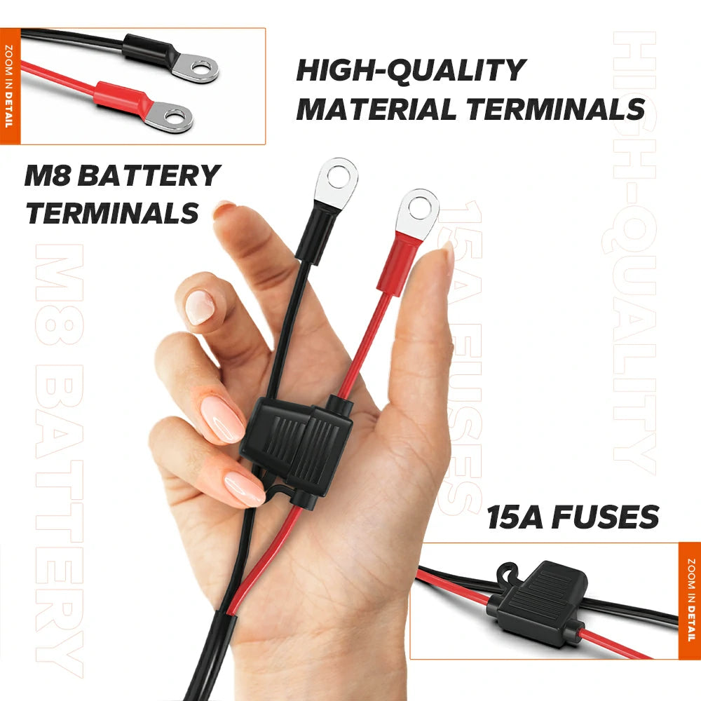 LiTime 3-bank battery charger with high-quality M8 terminals and 15A fuses for reliable and efficient charging