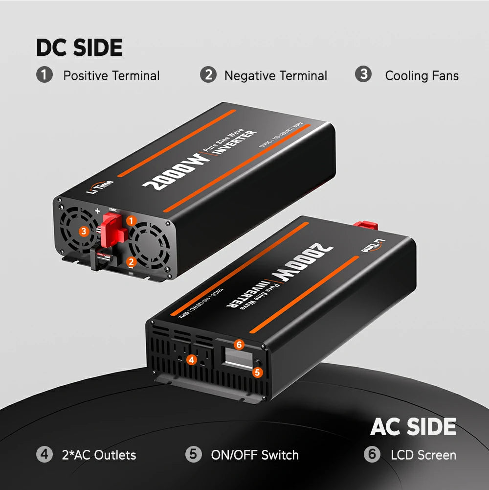 2000W inverter with DC side cooling fan and AC side LCD screen