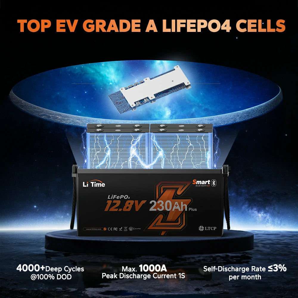 top ev grade a lifepo4 cells of litime 12v 230ah lifepo4 bluetooth battery