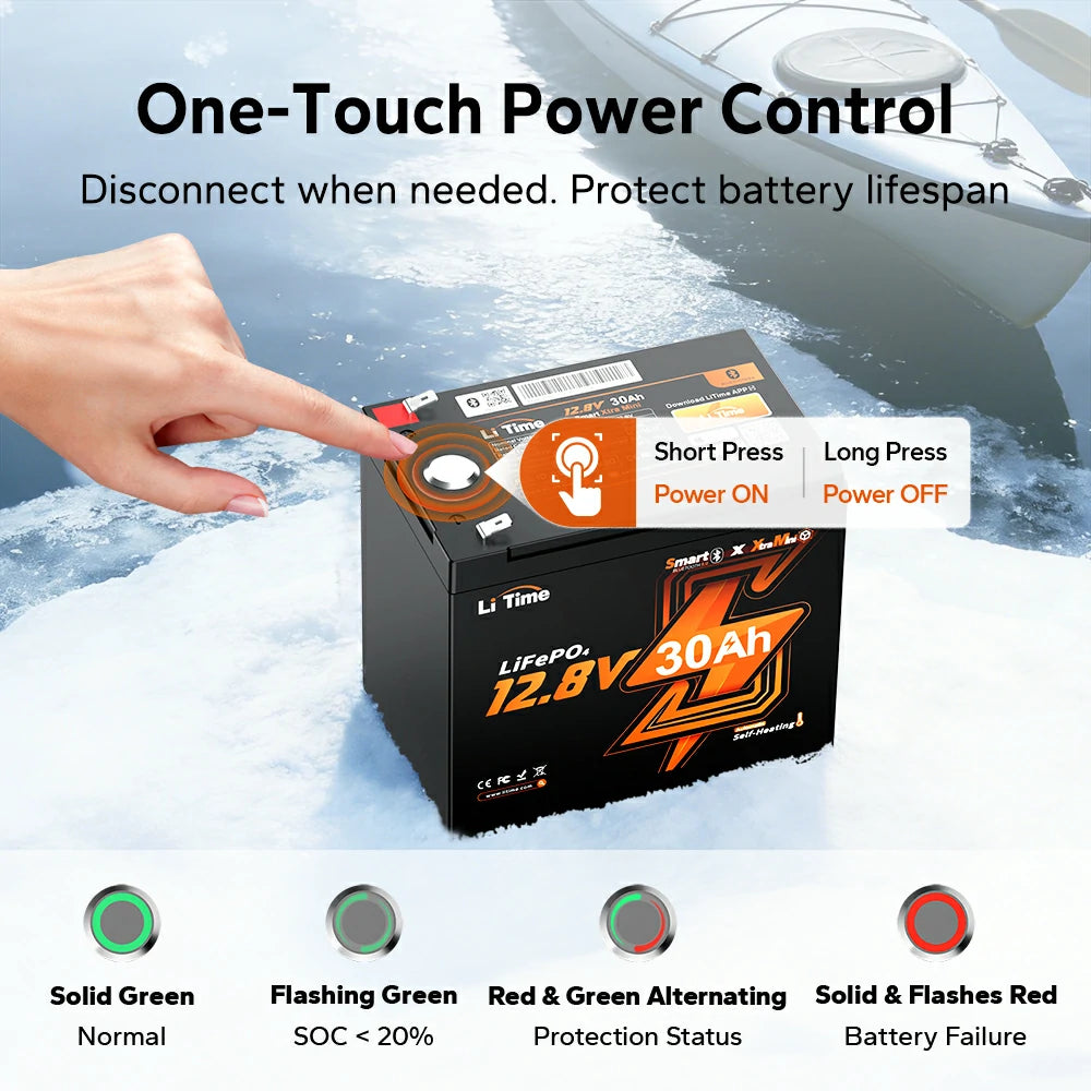 LiTime best  12v 30ah lithium battery for ice fishing with one-touth power control to protect battery lifespan