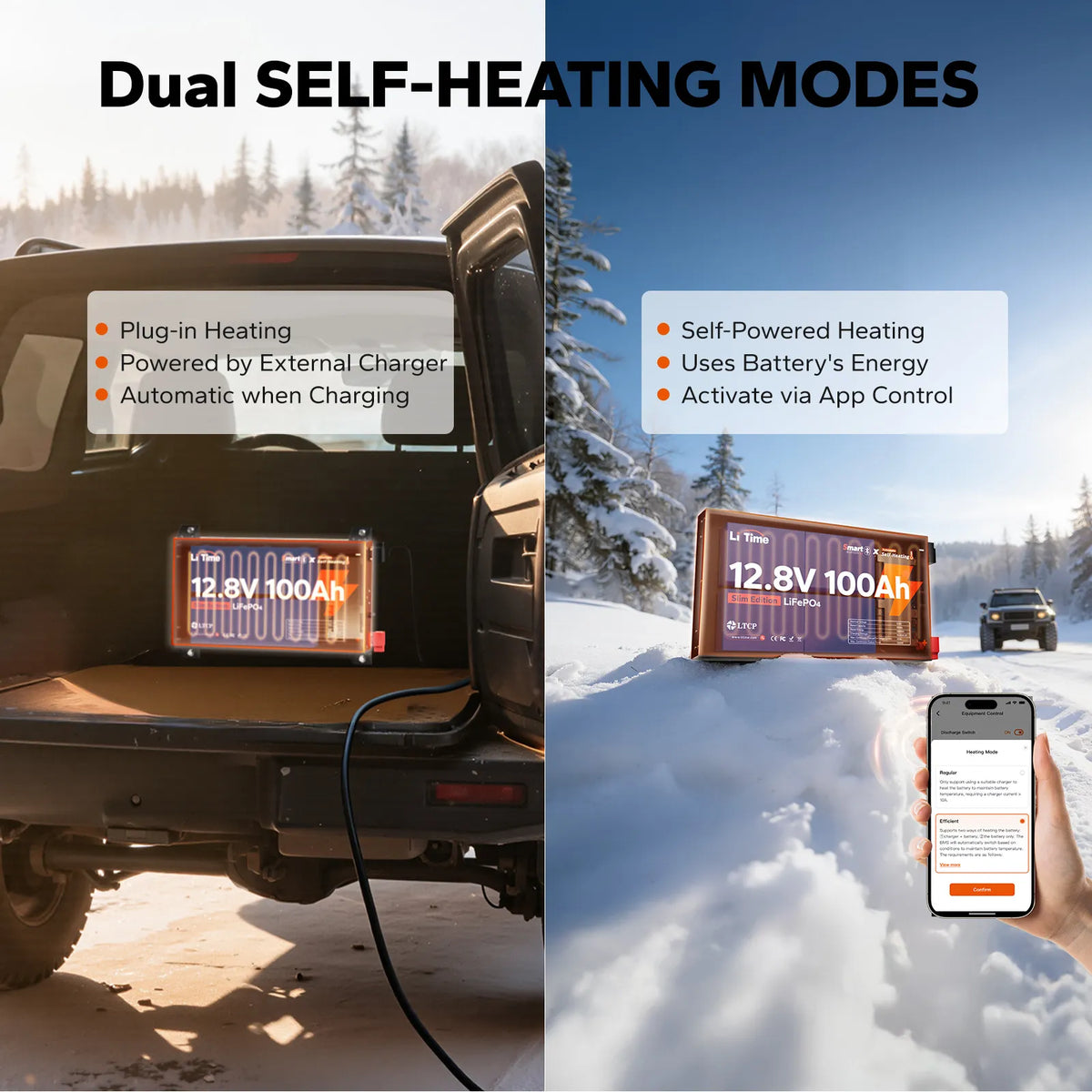 litime 12v 100ah ultra slim lithium ion battery  with dual self-heating modes