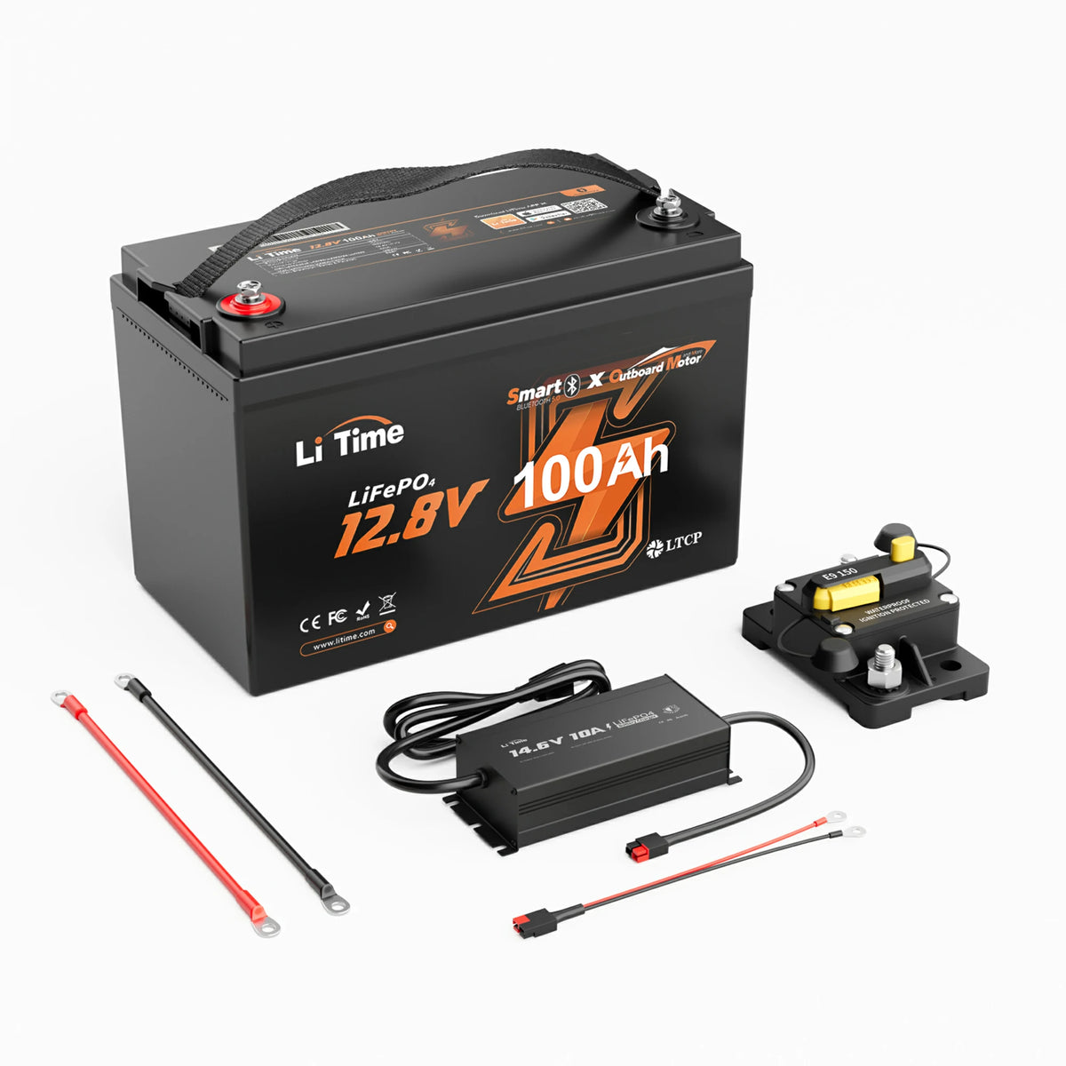 litime 12v 100ah outboard motor marine battery kit with 100Ah Bluetooth battery, 10a charger, 150A circuit breaker