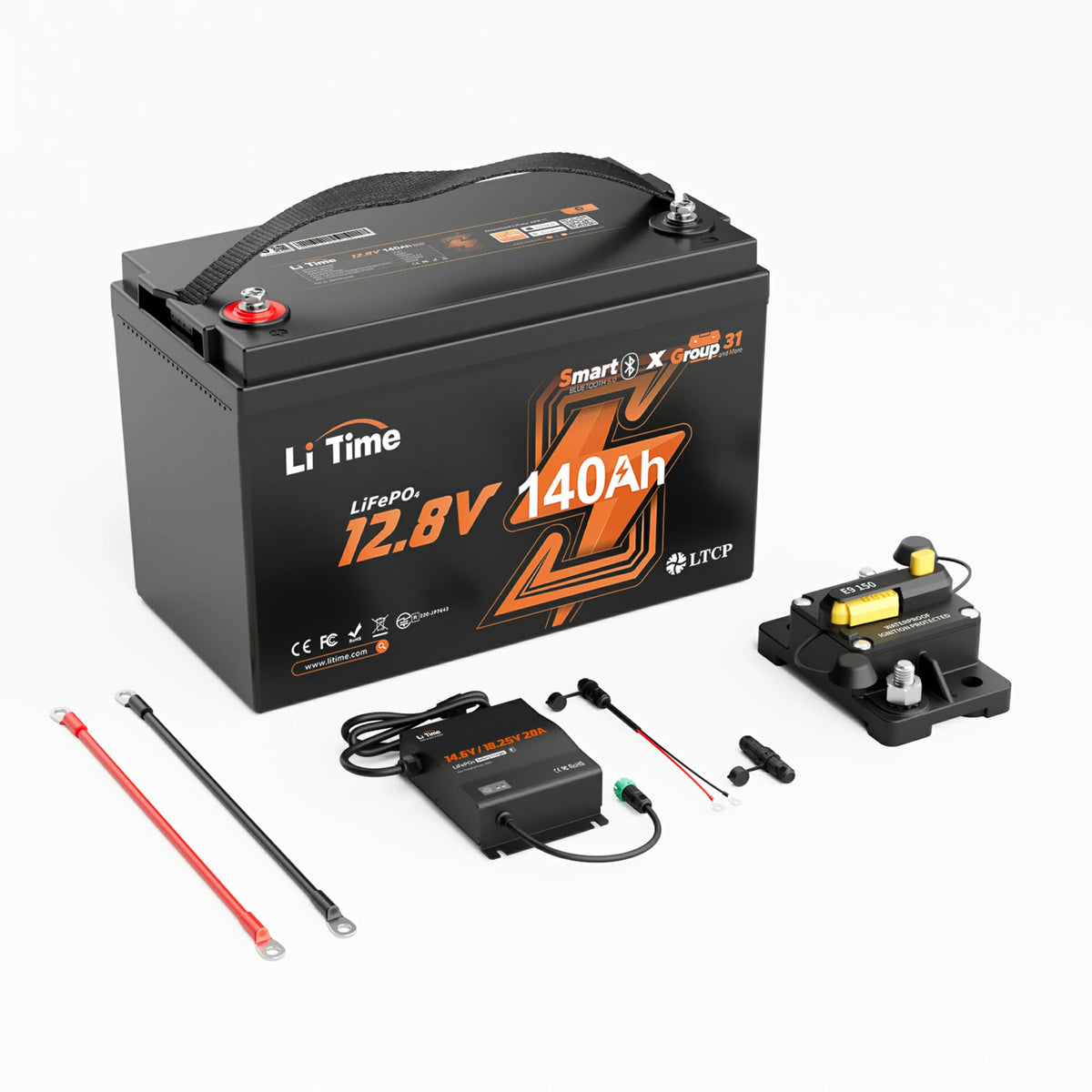 litime 12v group 31 deep cycle marine battery kit with 140Ah Bluetooth battery, 20a charger, 150A circuit breaker