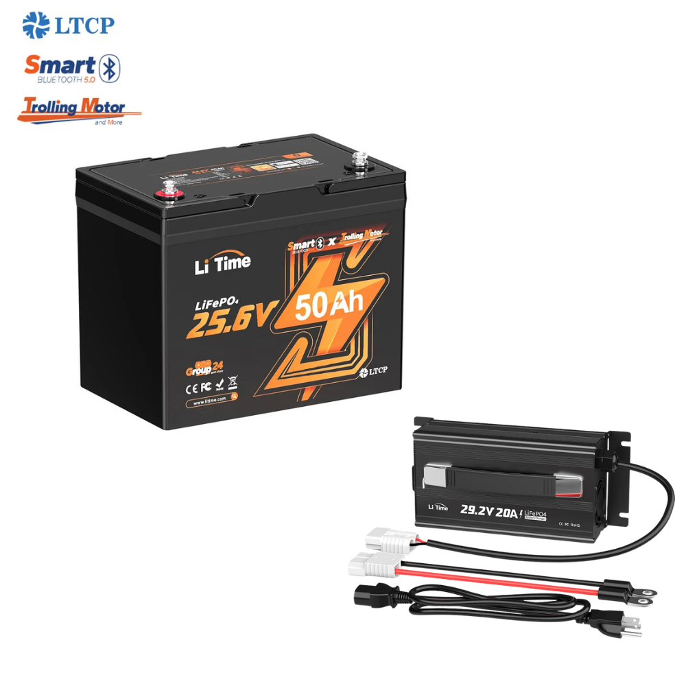 LiTime 24V 50Ah trolling motor battery + 24V 20A Charger