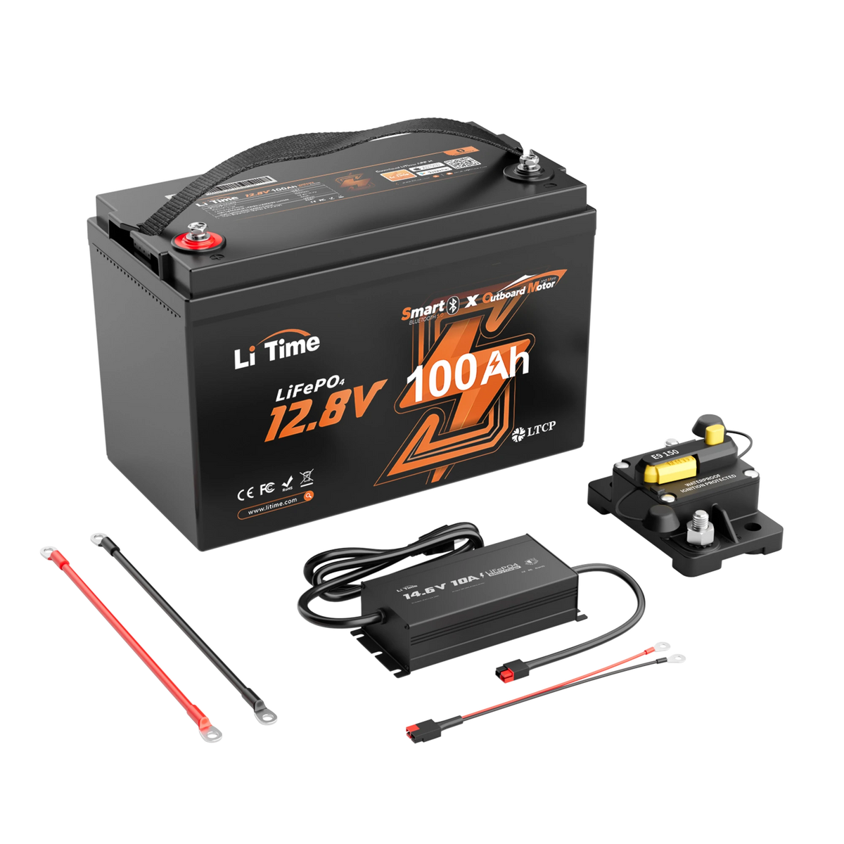litime 12v 100ah outboard motor marine battery kit with 100Ah Bluetooth battery, 10a charger, 150A circuit breaker