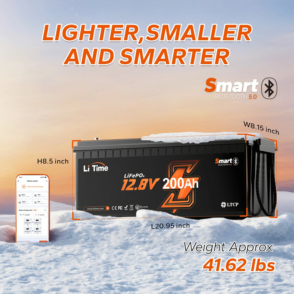 dimensions and weight of LiTime 12V 200Ah bluetooth battery