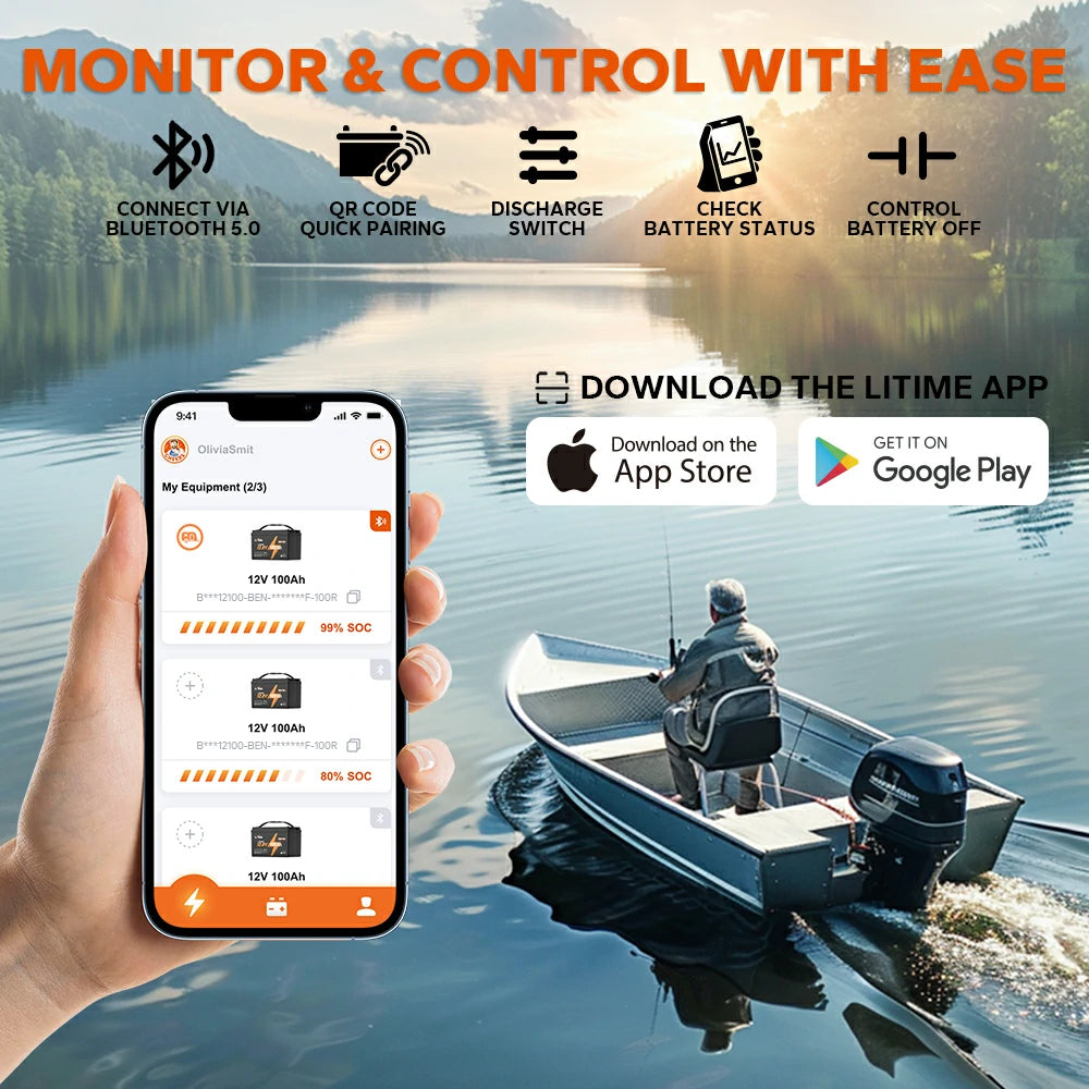 LiTime 12v 100ah marine motor battery with bluetooth 5.0 function: monitor & control with ease