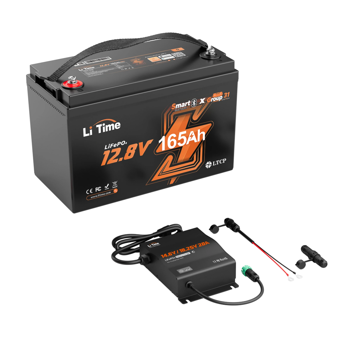 LiTime 12.8V 165Ah Group 31 lithium battery kit with charger and connection cables/accessories