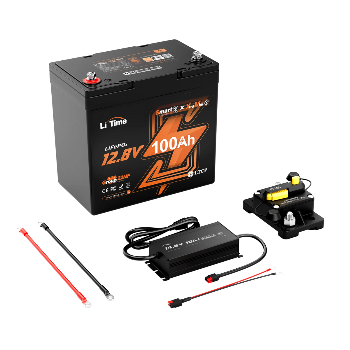 A 12-volt deep cycle marine battery for trolling motor kit with handle, plus charger, breaker, and connection cables