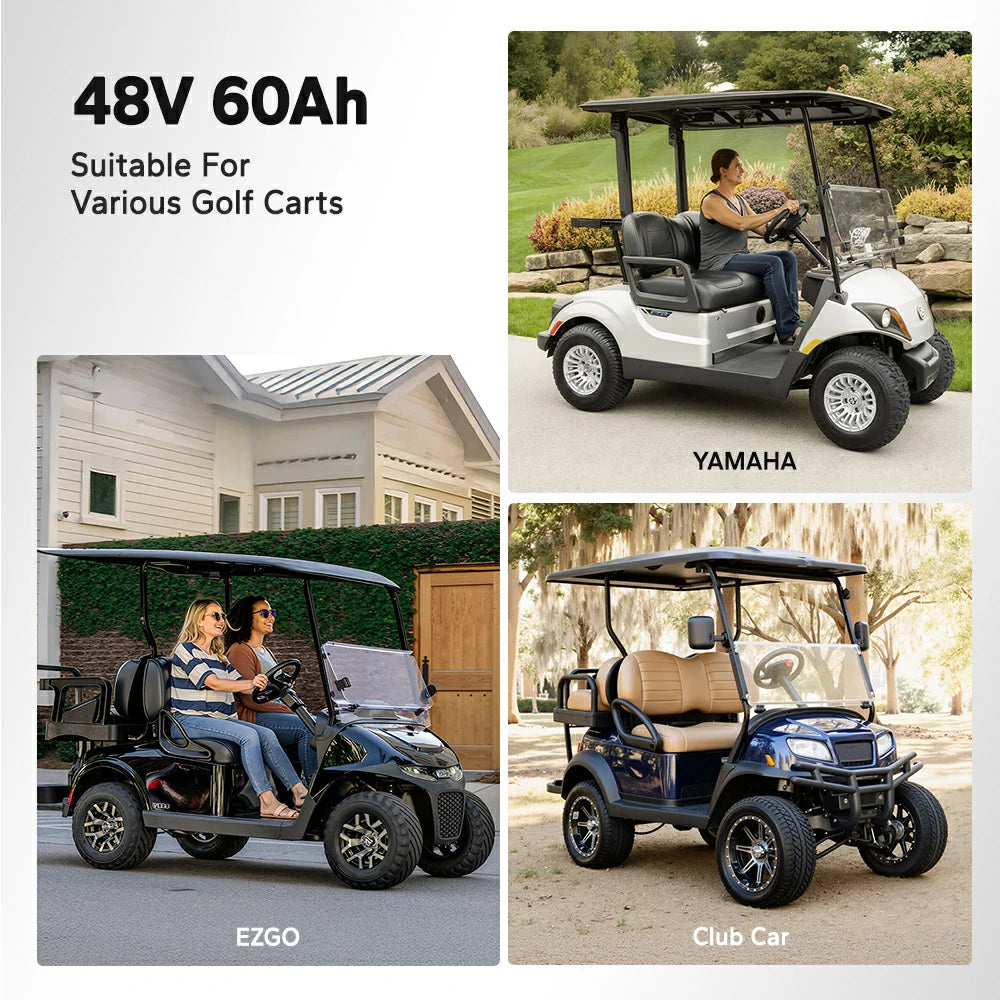 LiTime 48V 60Ah lithium CAN/RS485 battery compatible with various golf carts, including Yamaha, EZGO, and Club Car models