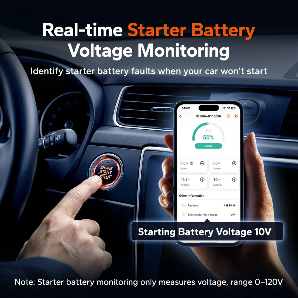 litime 500a battery monitor shunt with real-time starter battery voltage monitoring