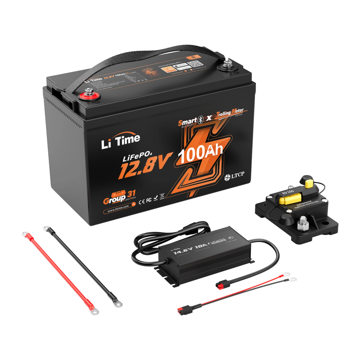 LiTime 12v 100ah trolling motor battery kit with charger, breaker, and connection cables