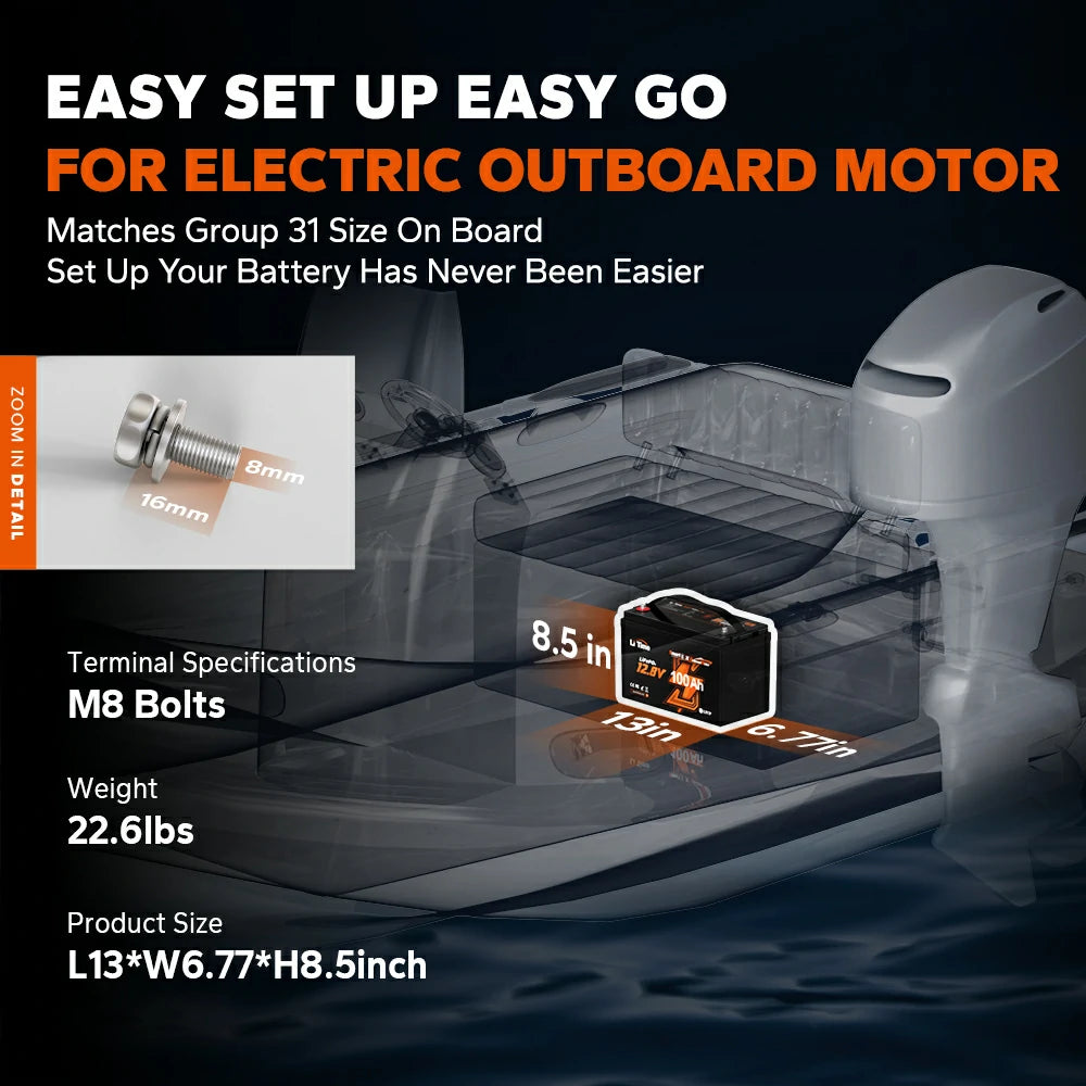 LiTime 12V 100Ah electric Outboard Motor Battery: Group 31 size (13x6.77x8.5in), 22.6lbs, M8 bolts (16mm/8mm)