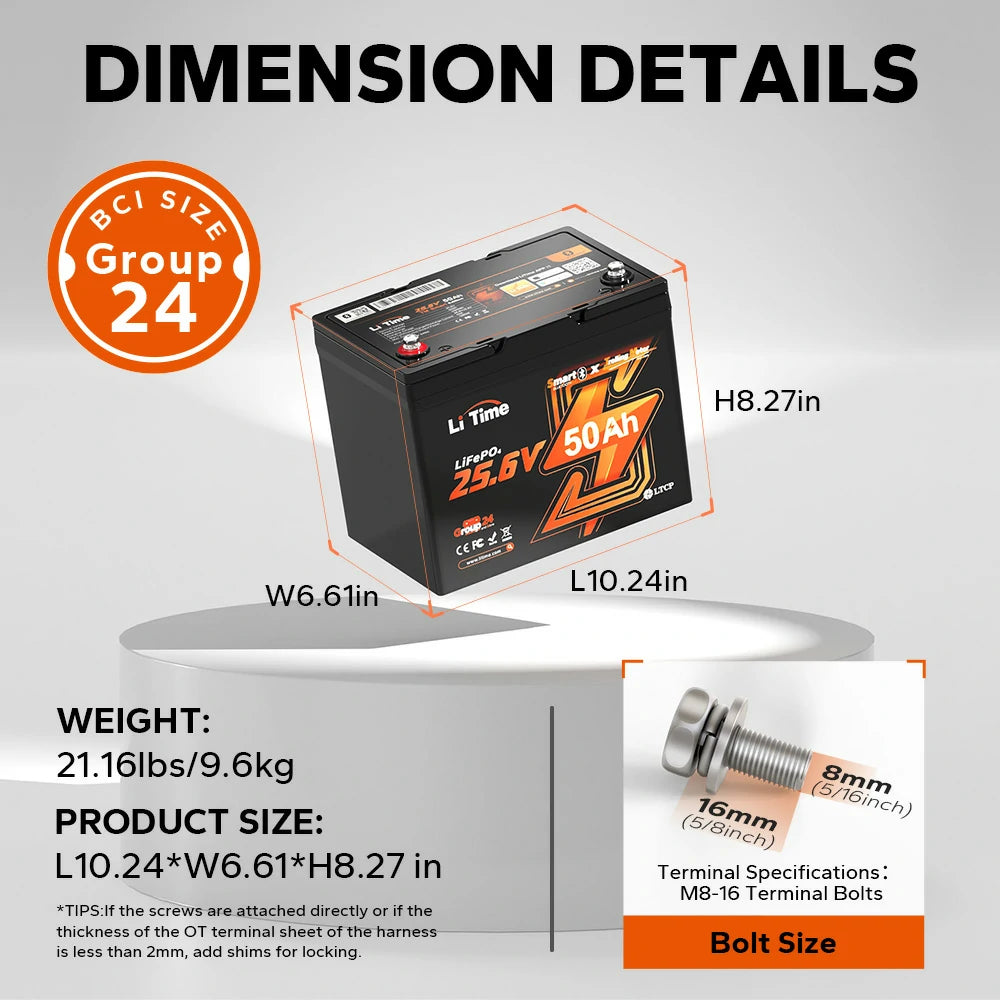 dimension details of LiTime 24v 50ah marine trolling motor lithium battery
