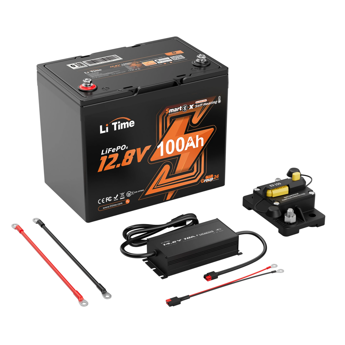 LiTime group 24 deep cycle battery kit: 12.8V 100Ah LiFePO4 battery with cables, charger, and a battery disconnect switch