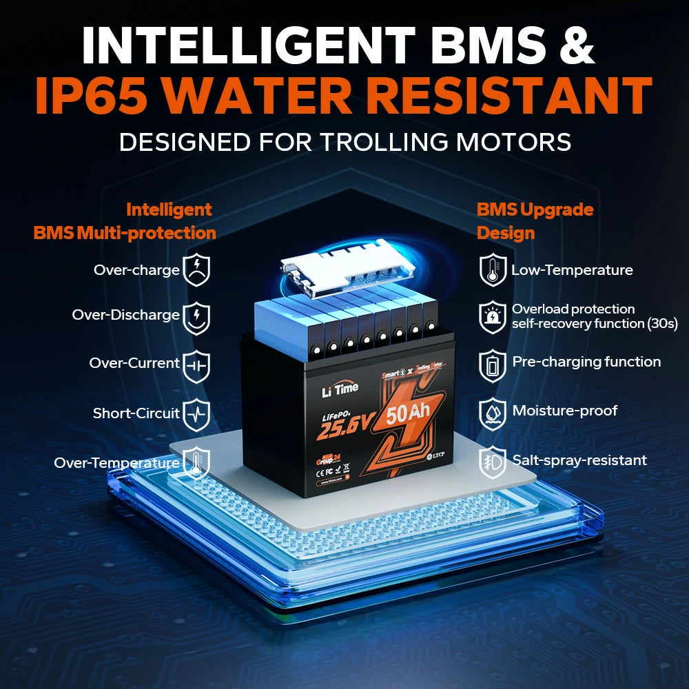 upgraded bms protection for litime 24v 50ah trolling motor lithium battery