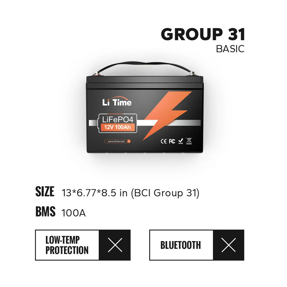 overview of LiTime 12V 100Ah group 31 battery size bms and function information