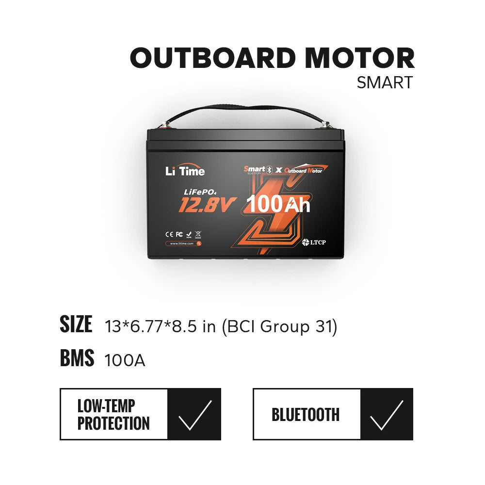 LiTime 12V 100Ah Smart Outboard Motor Battery: BCI Group 31 (13x6.77x8.5in), 100A BMS with Bluetooth & low-temp protection