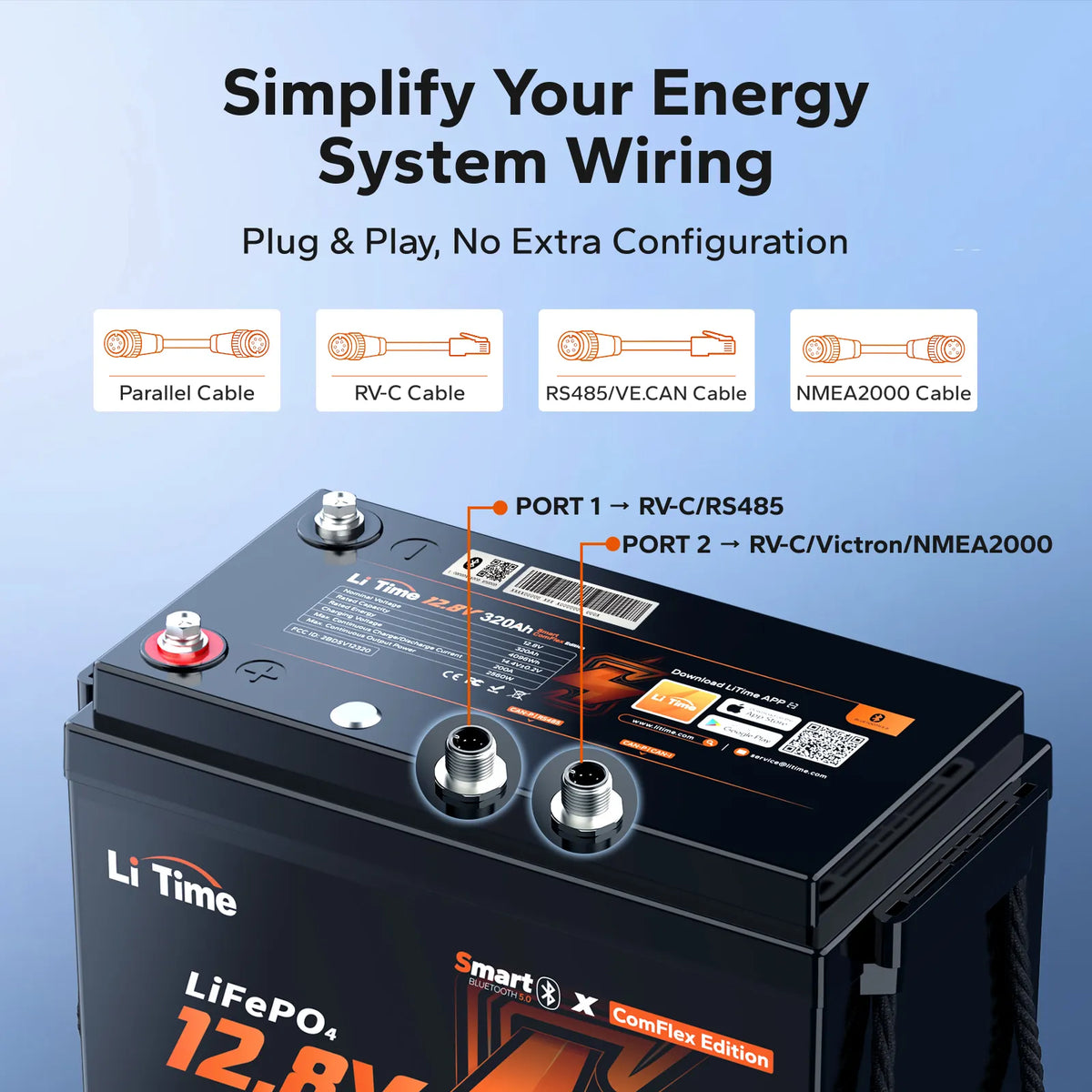 LiTime 12V 320Ah CAN & RS485 ComFlex Smart LiFePO4 Battery | Victron, RV-C & NMEA 2000 Integration