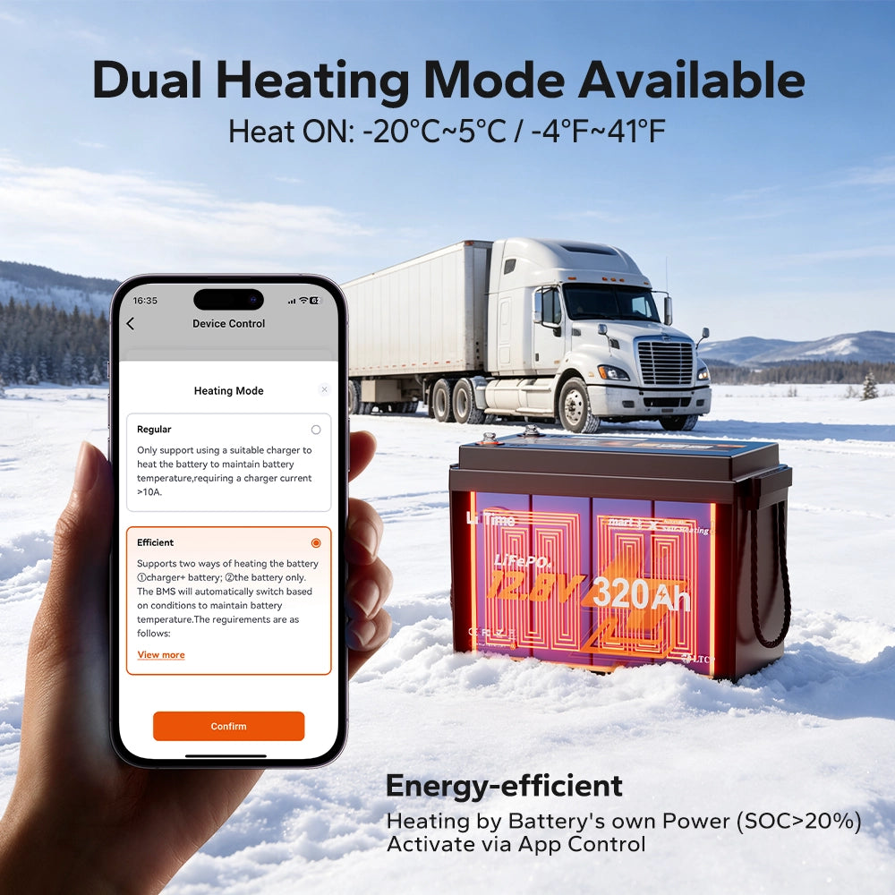LiTime LiHeat® 12V 320Ah Mini Dual-Mode Self Heating Smart Lithium Battery for Truck