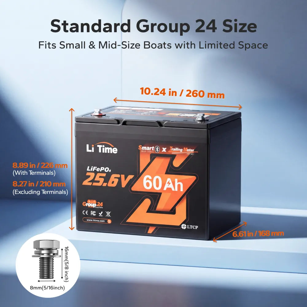 LiTime 24V 60Ah Group 24 LiFePO4 Trolling Motor Battery with Bluetooth
