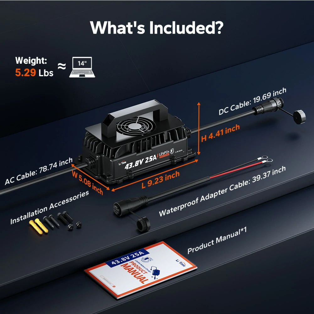 LiTime 36 Volt (43.8V) 25A LiFePO4 IP65 Waterproof Charger