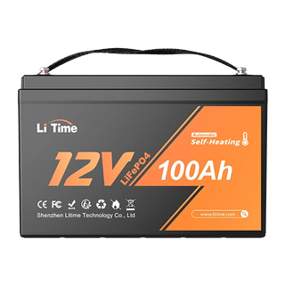 A front view of the Li Time 12V 100Ah self-heating LiFePO4 battery