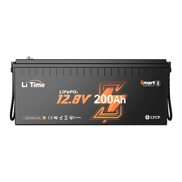 A front view of the Li Time 12.8V 200Ah Smart Bluetooth LiFePO4 battery