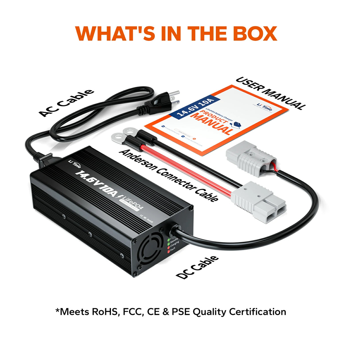 what's in the box of LiTime 12v 10a lifepo4 battery charger