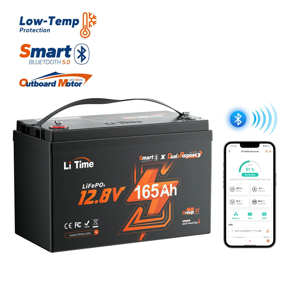 LiTime 12V 165Ah Dual Purpose Marine Lithium Battery with Bluetooth and Self-Heating