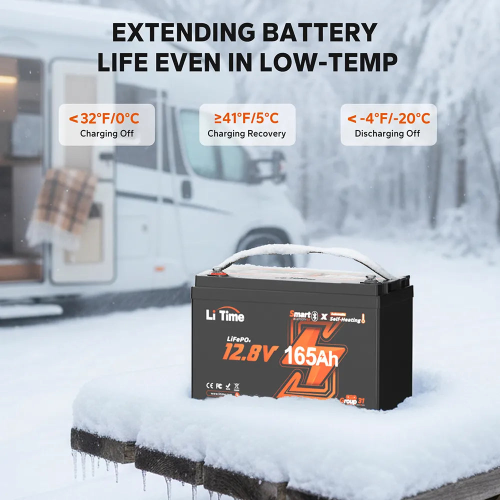litime 12v 165ah lithium battery supports 20+ protections with low-temp cut-off in cold weather