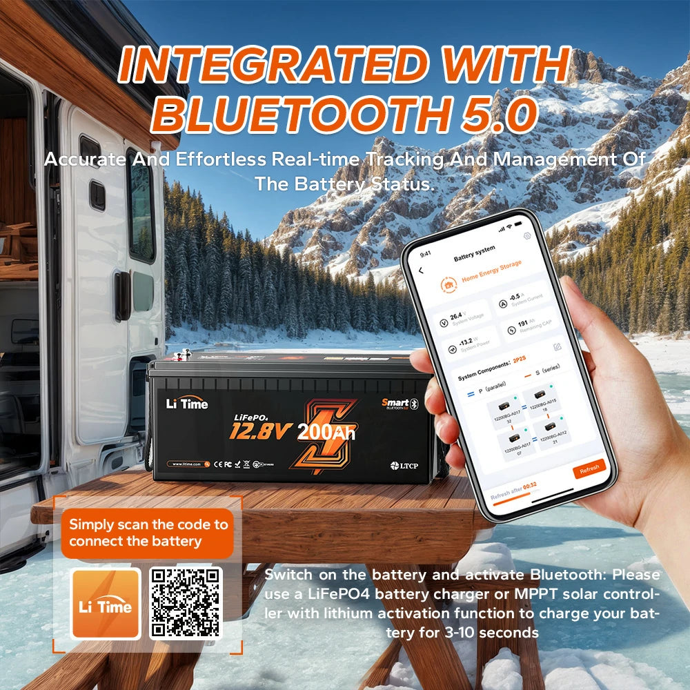 LiTime 12V 200Ah deep cycle lithium battery with bluetooth 5.0, offering real-time management of the battery status