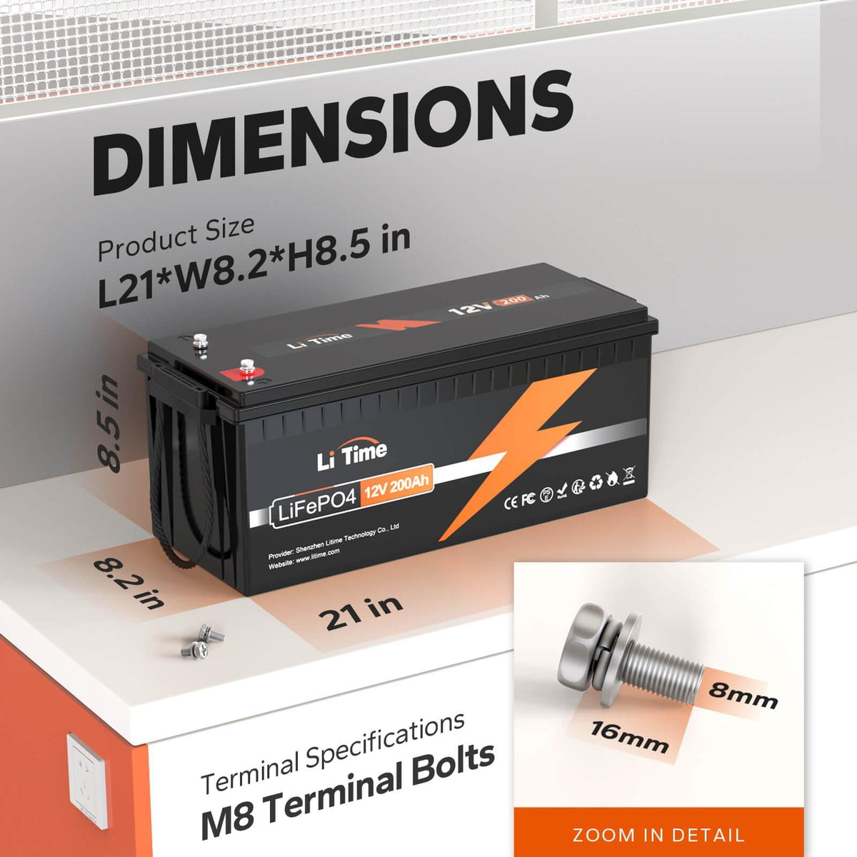 the dimensions of litime 12v 200ah lithium lifepo4 deep cycle battery