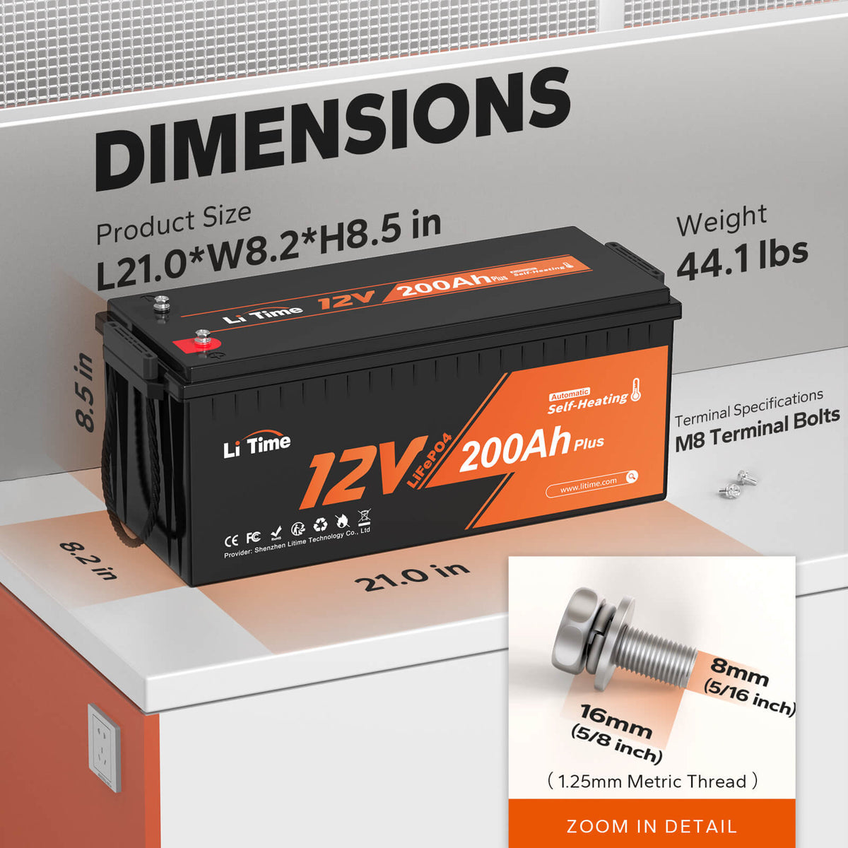 dimension of litime 12v 200ah self heating lithium battery