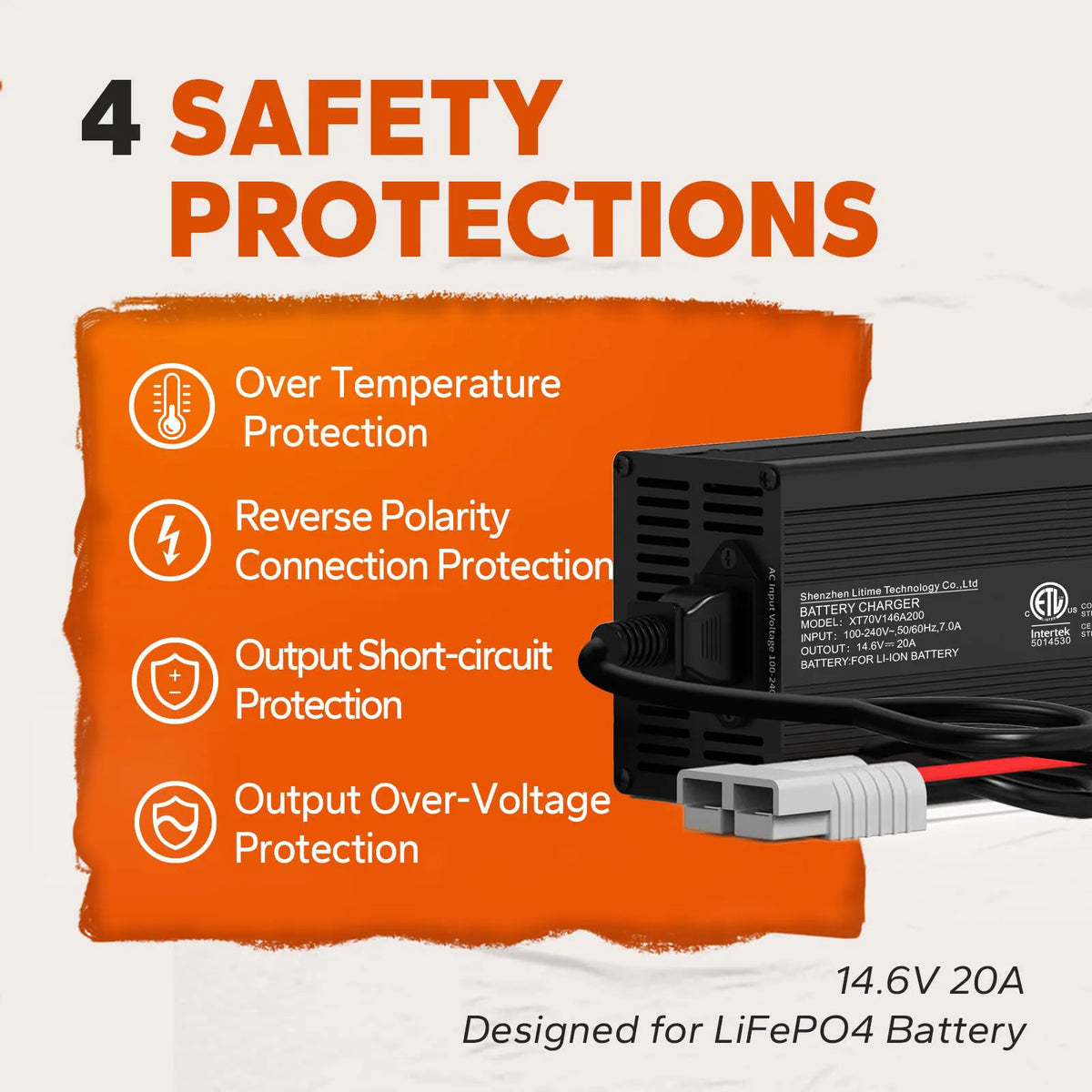LiTime  12V (14.6V) 20A LiFePO4 Charger – For 12V LiFePO4 Batteries