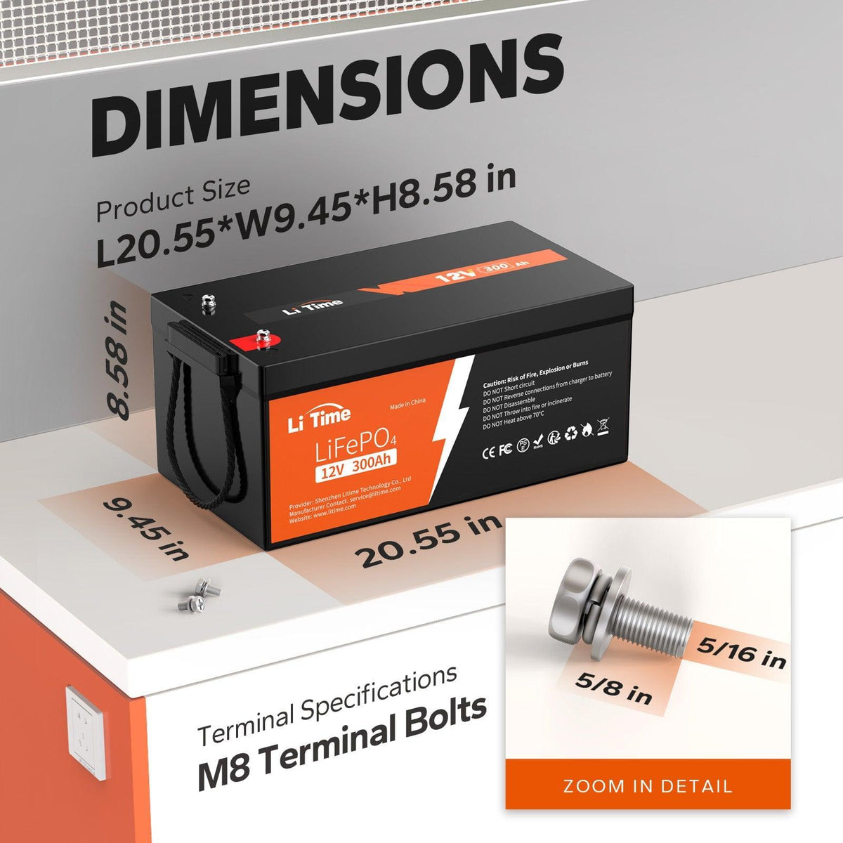 dimensions of 12v 300ah lithium battery 