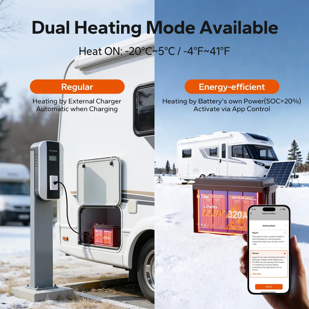 litime 12v 320ah battery with duel-mode self heating