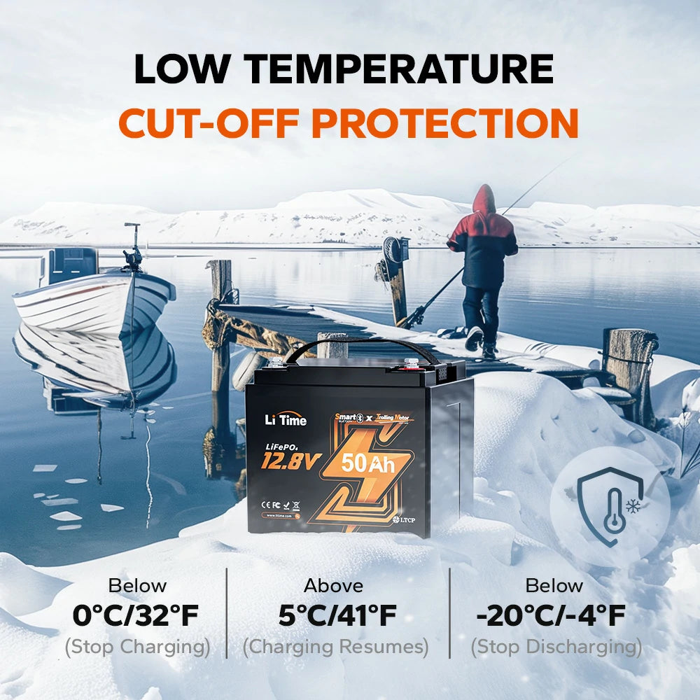 LiTime 12V 50Ah marine lithium battery with low-temperature cut-off protection feature