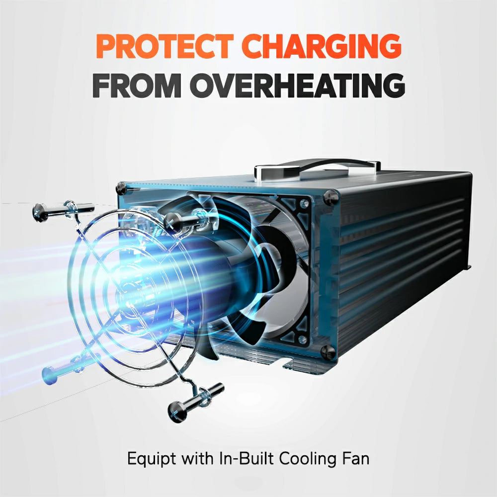 litime 12v 80 amp lithium battery charger equipt with cooling fan to protect overheating