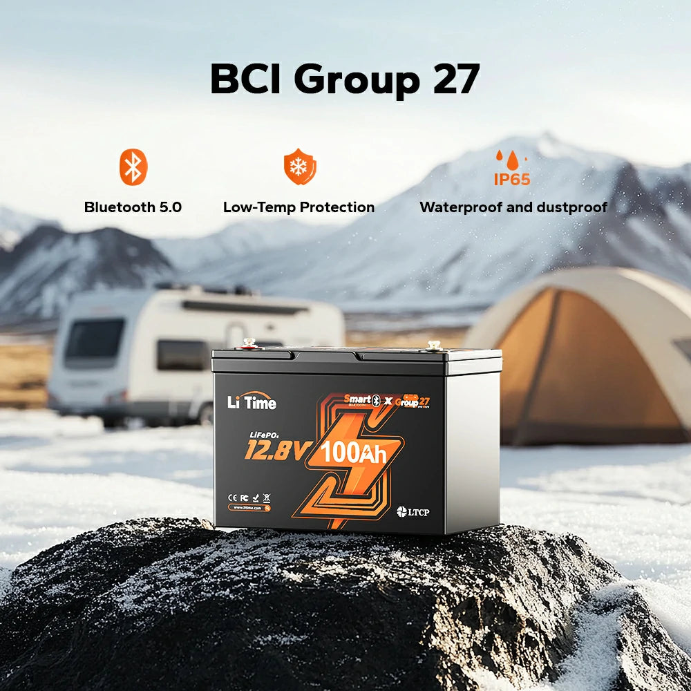 functions information of litime group 27 lithium battery - bluetooth, low temp protection, ip 65 waterproof and dustproof