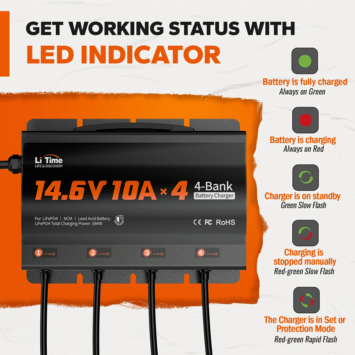 LiTime lifepo4 battery charger with led indicator