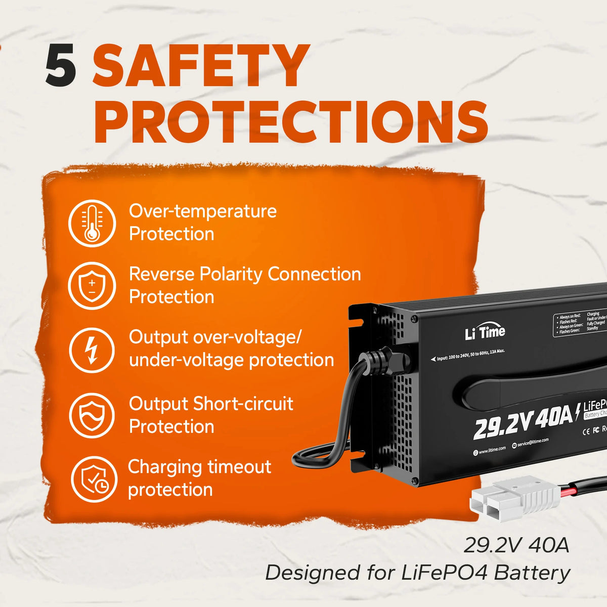 protections information of litime 40a charger for 24v lifepo4 battery