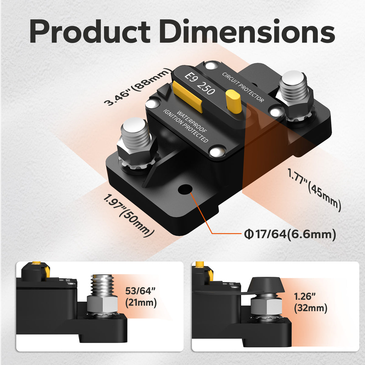 product dimensions of LiTime 250a Circuit Breaker 12v