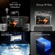 LiTime 36V 50Ah lithium battery: for 100-120 lb trolling motors, features smart BMS, low-temp cut-off, and EV-grade cells