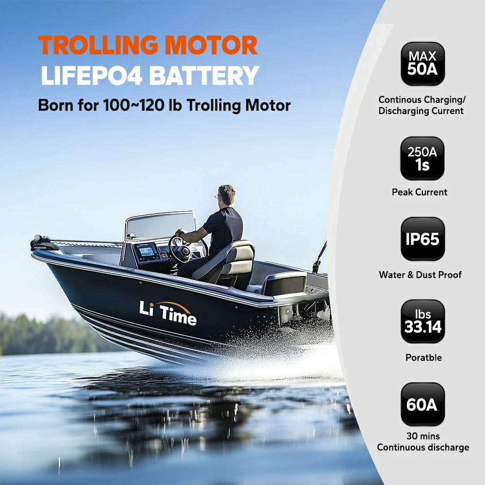LiTime 36V 50Ah Bluetooth battery: max 50A, 250A peak, IP65 waterproof, 33.14 lbs, ideal for 100-120 lb trolling motors